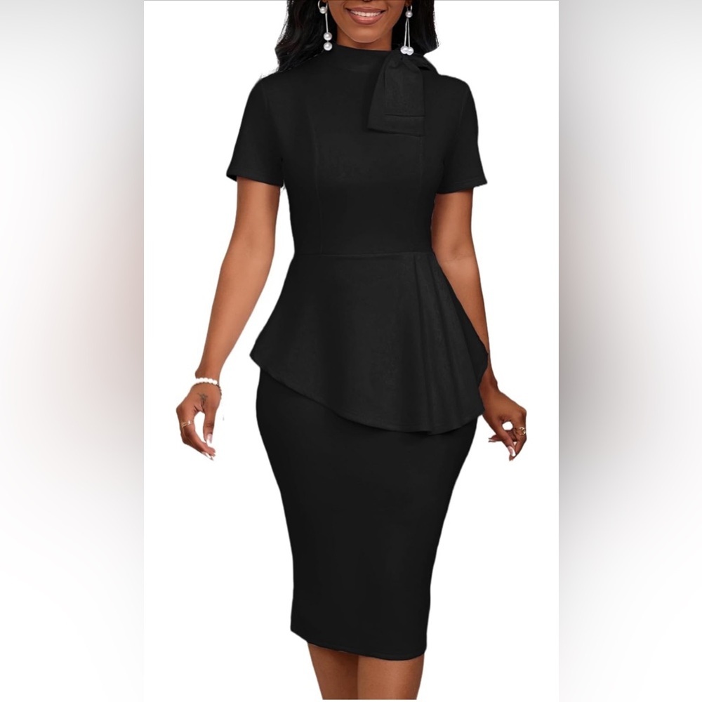 Fashion Peplum Bodycon Short Sleeve Bow Club Ruffle Pencil Formal Cocktail Dress